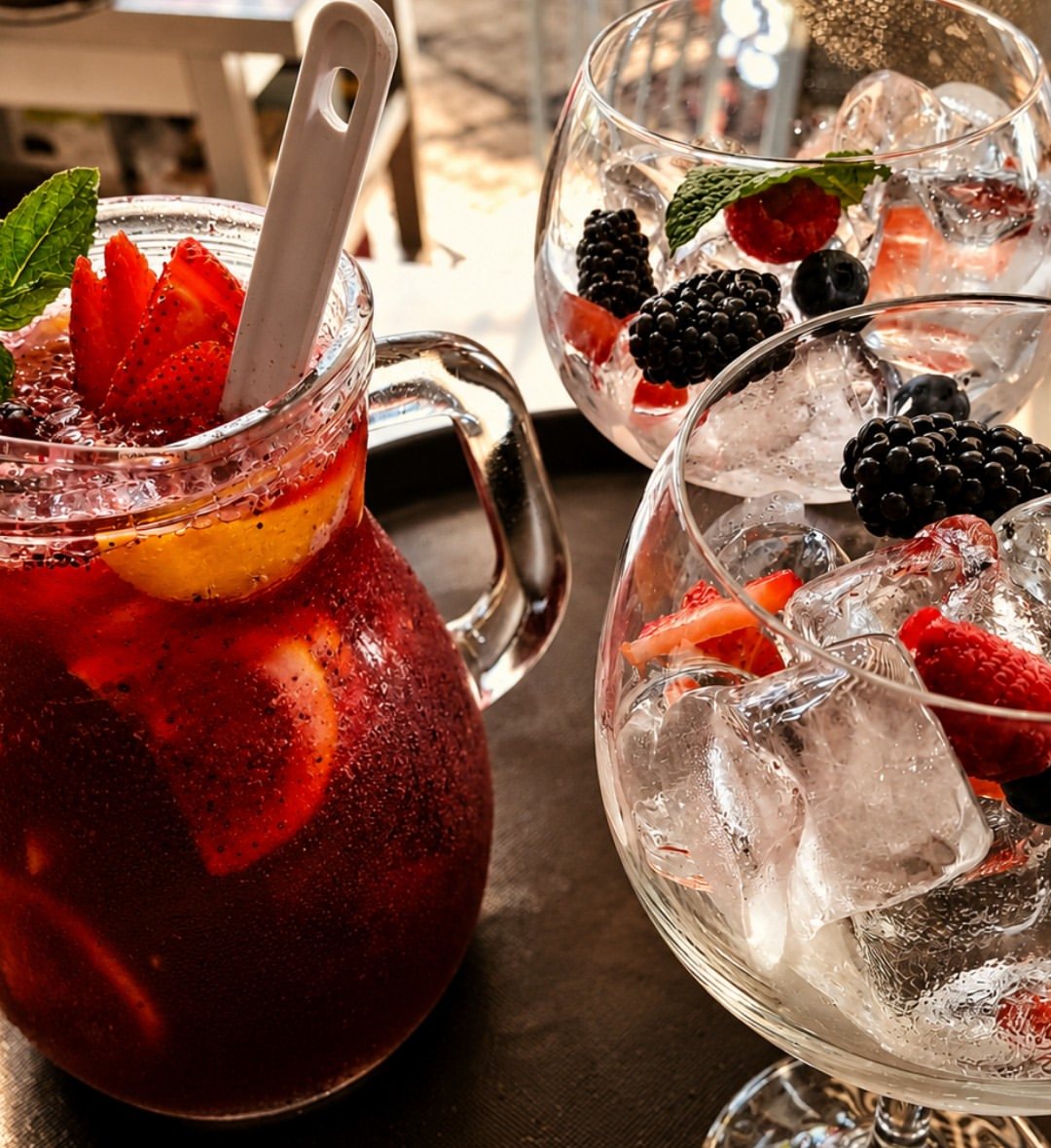 Jarro de vidro com sangria e rodelas de laranja e morango, ao lado de duas taças grandes com gelo, amoras e morangos