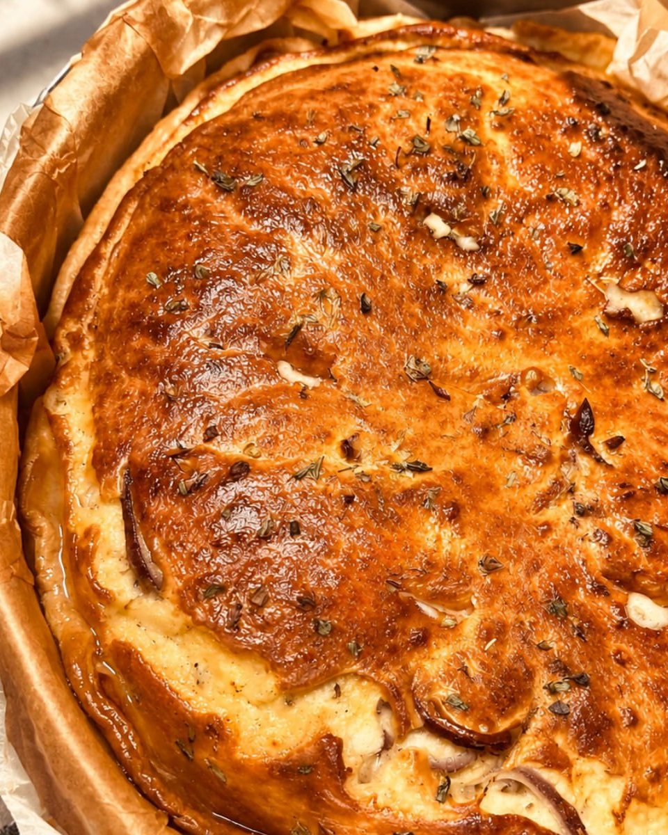Tarte assada com a superfície dourada, em papel vegetal, vista de cima